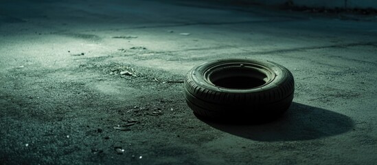 Flat tire on dark concrete road with dramatic lighting and ample empty space for text or messages in a moody atmosphere