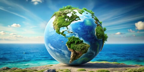 Fototapeta premium Terrestrial globe with green vegetation and blue oceans , rocks, soil, rocks, soil, earth, horizon, landscape, atmosphere