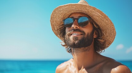 Relaxation takes center stage as a cheerful man with long hair and a straw hat basks in the sun, surf gently lapping at the shore. The vibrant ocean color enhances his joyful vibe