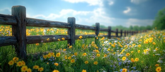 Fototapeta premium Picturesque flower-filled meadow with a rustic wooden fence under a blue sky showcasing nature's beauty and tranquility in the countryside.