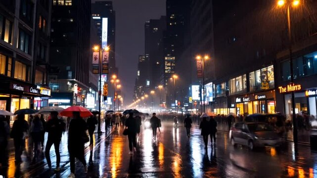 Rain-soaked city street illuminated by lights with busy pedestrian activity. Urban concept