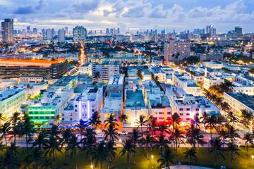 Aerial of Ocean drive and Miami downtown at dusk, Florida