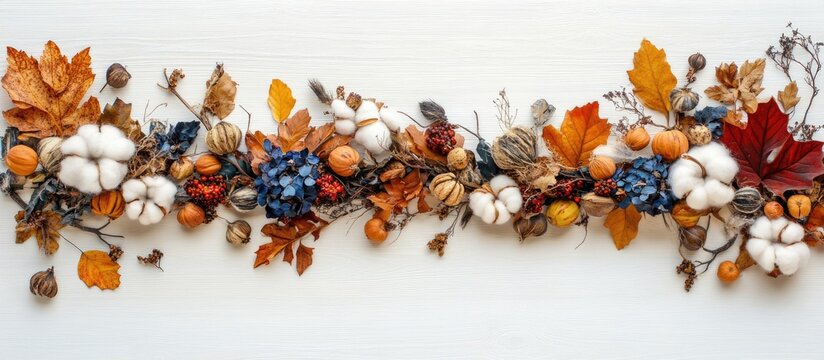 Autumn floral border with dried flowers pumpkins branches and leaves on white wood background ideal for seasonal decoration themes