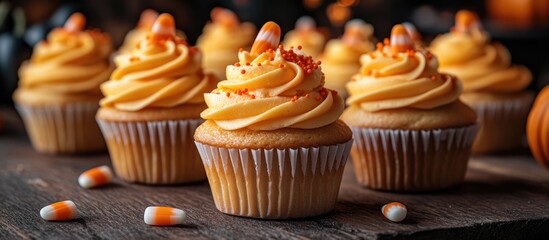 Halloween themed cupcakes with candy corn frosting and orange sprinkles perfect for festive celebrations or autumnal events