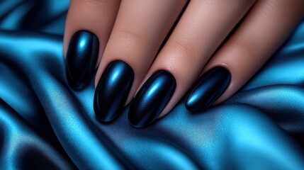 Dark blue nails on silk, closeup, studio