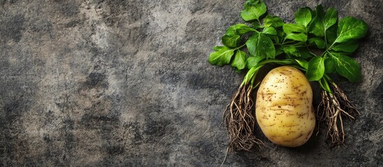 Distressed potato with roots on a rough textured background highlighting the beauty of nature with space for text insertion