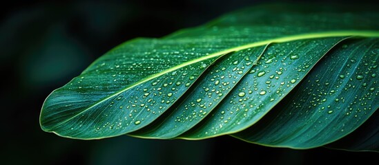 Obraz premium Vibrant close-up of a banana leaf displaying natural textures and droplets enhancing the lush green patterns and organic beauty of nature