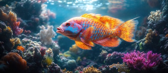 Fototapeta premium Vibrant parrotfish swimming amidst colorful coral reefs highlighting its unique mouth and textured scales in underwater environment