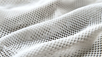 A detailed close-up of a white mesh fabric with small holes, reminiscent of sportswear material, captured using focus stacking for extreme clarity.