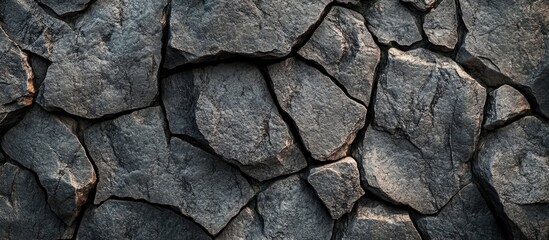 Fototapeta premium Textured aged cement wall background featuring cracked rock surfaces in various shades of gray. Ideal for design and architectural projects.