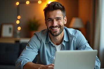 Cozy Workspace. Smiling bearded man in blue shirt working on laptop in