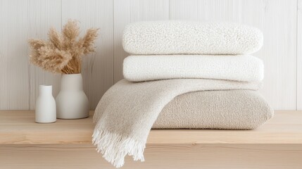 Soft beige and white blankets stacked on wooden shelf