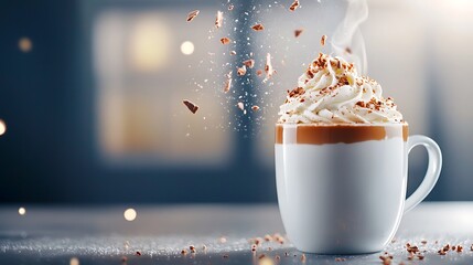 A steaming cup of coffee topped with whipped cream and chocolate sprinkles, set against a cozy background
