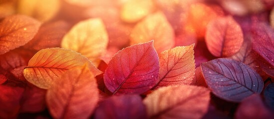 Obraz premium Vibrant abstract background featuring a close-up of colorful autumn leaves in various hues illuminated by soft light.
