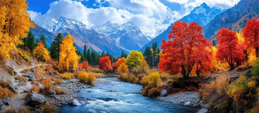 Autumn forest landscape in Chitkul Sangla Valley showcasing vibrant foliage and serene river amidst the majestic Himalayas in Himachal Pradesh