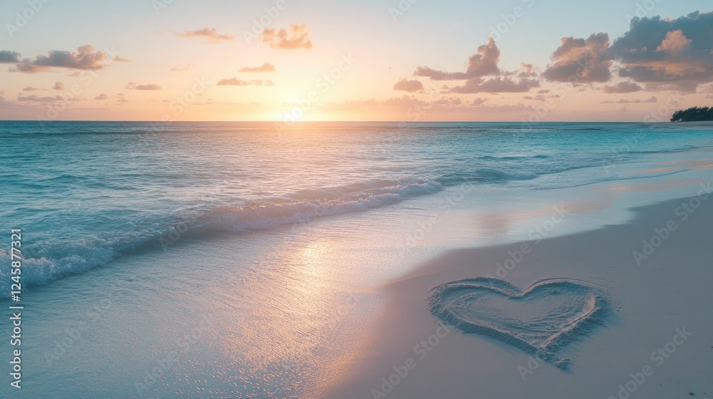 Poster A serene sunset beach scene with a heart-shaped sand design in the foreground, calm waves and a soft sky adding to the tranquil atmosphere.
