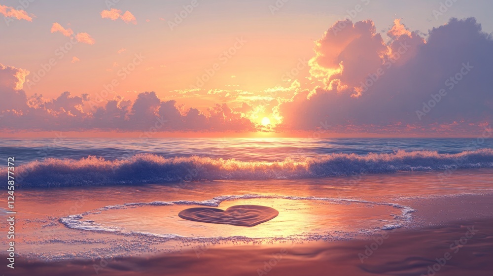 Poster a serene sunset beach scene with a heart-shaped sand design in the foreground, calm waves and a soft