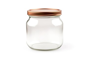 Rustic Charm: Empty Glass Jar with Copper Lid, Isolated on White Background. Perfect for product mockups, food photography, home decor designs, and vintage-styled projects. Showcase your creations    