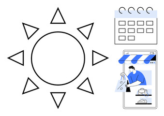 Large sun icon next to a calendar and a mobile phone screen showing a person shopping online. Ideal for e-commerce, summer sales, scheduling, planning, online shopping, time management, seasonal