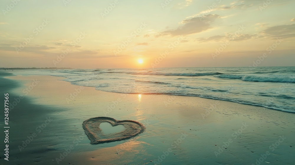 Aufkleber A serene sunset beach scene with a heart-shaped sand design in the foreground, calm waves and a soft sky adding to the tranquil atmosphere.