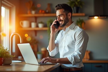 Office Gadgets. Smiling young man white shirt working laptop talking p