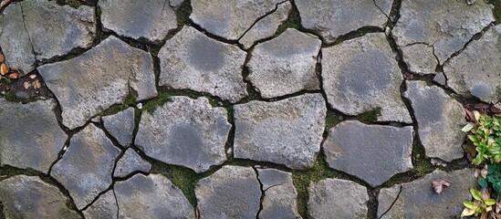 Obraz premium Cracked stone pavement with grass growing in between stones Copy Space