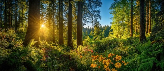 Obraz premium Lush forest landscape with sun rays filtering through trees and colorful wildflowers in a serene natural setting