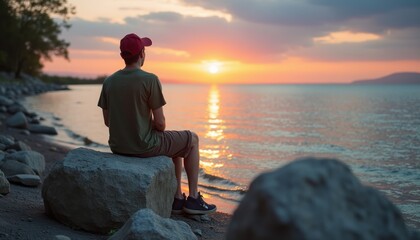 Naklejka premium A young man sits on a large rock by the shore, gazing at a breathtaking sunset that paints the sky in hues of orange and purple. The tranquil scene captures a moment of reflection and peace, as the