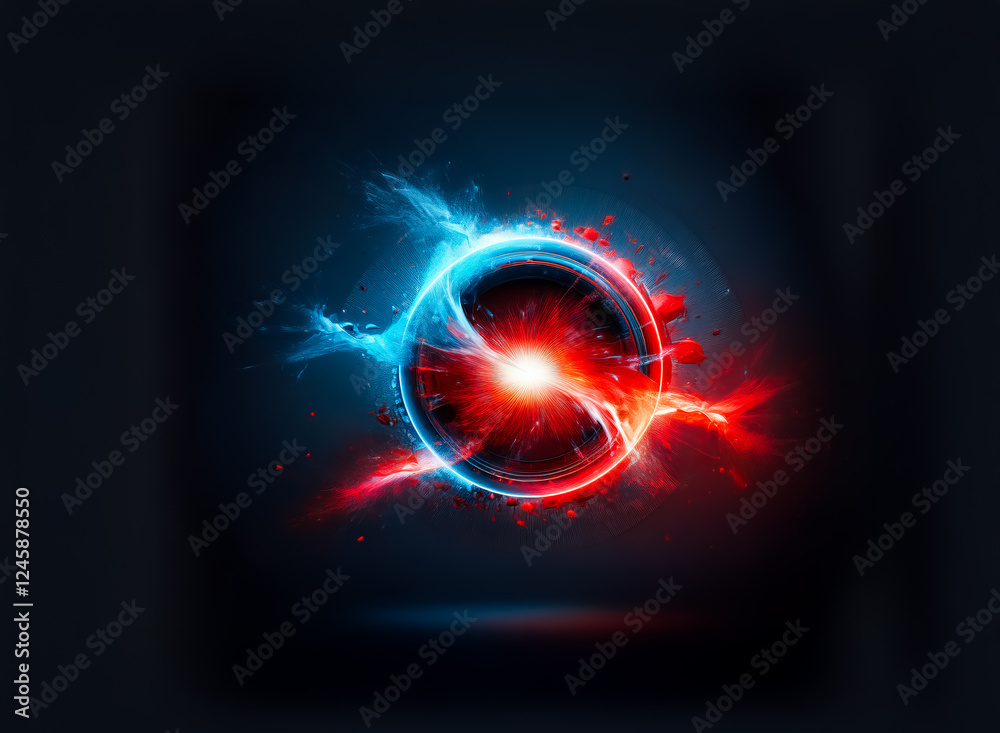 Poster abstract glowing circle emits dynamic bursts of vibrant blue and red energy on a dark backdrop. visu