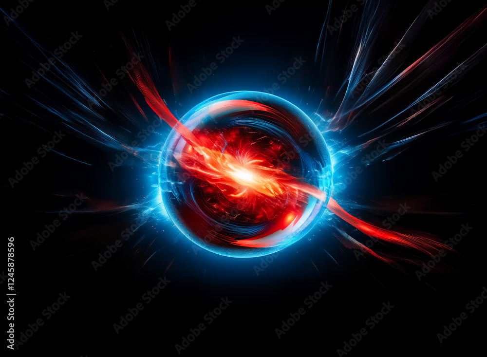 Poster abstract depiction features a central dark void encircled by luminous blue and red energy resembling