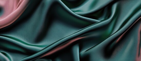 Fototapeta premium Smooth silk fabric texture in green and pink tones with elegant folds and soft sheen Copy Space