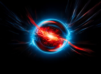 Obraz premium Abstract depiction features a central dark void encircled by luminous blue and red energy resembling flames against a stark black backdrop, showcasing a vivid contrast.