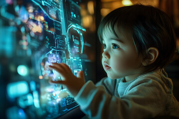 Obraz premium Curious Child Explores Futuristic Holographic Interface; A vibrant, playful interaction with advanced technology. Perfect for educational, sci-fi, and