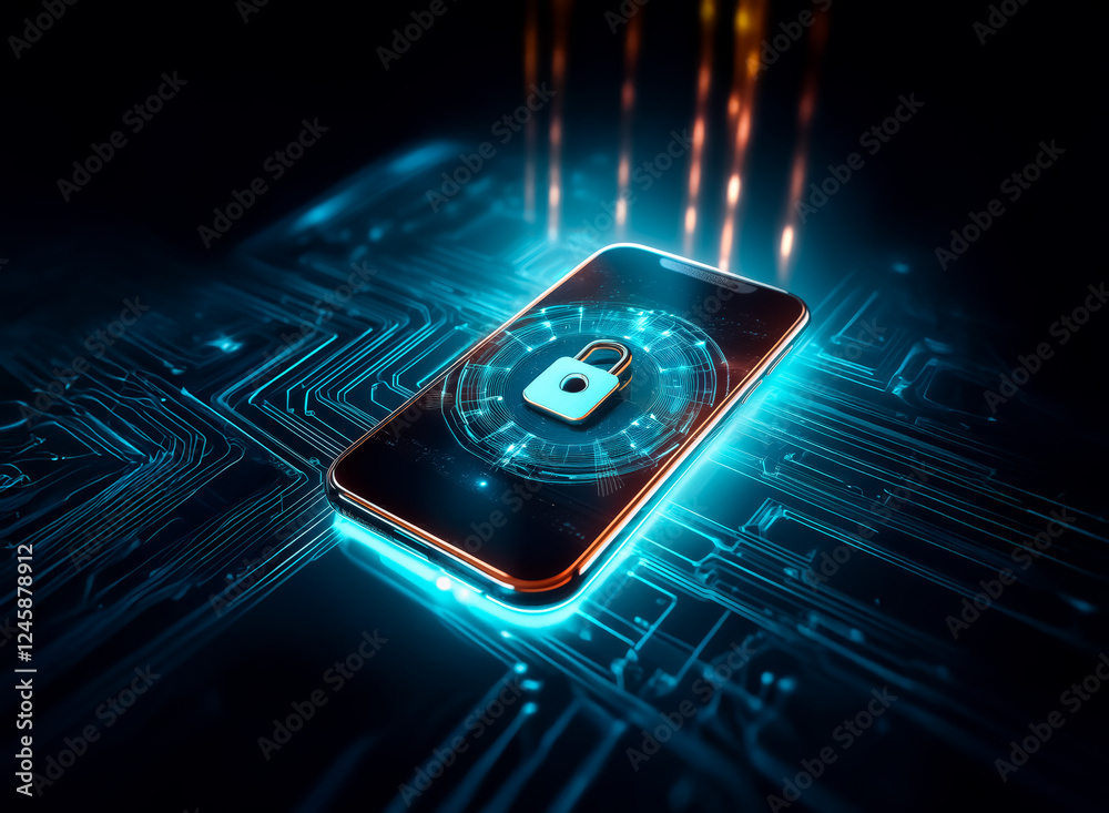 Poster A mobile phone with a glowing lock icon is centered in a vibrant, futuristic tunnel with neon blue and orange lights.  The scene suggests digital security and technological advancement in a cyber envi