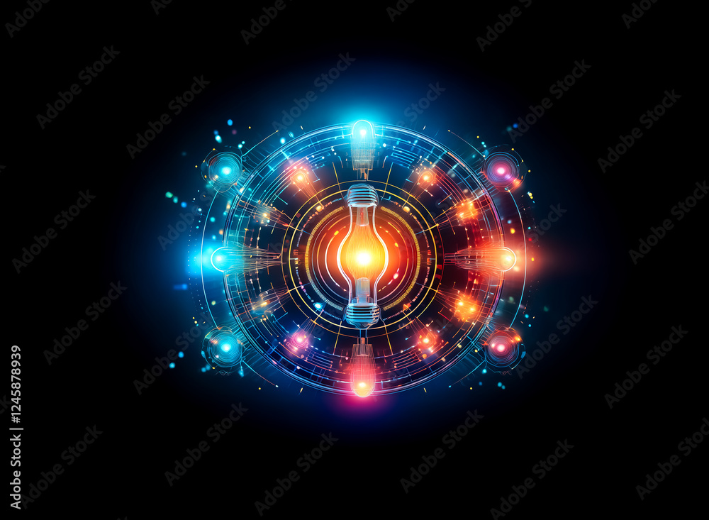 Poster abstract glowing circular design with blue and orange lights on a dark backdrop. bright core emits e