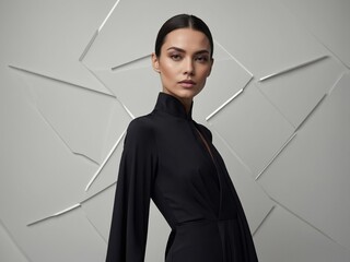 Elegant asymmetric dress showcased in a minimalistic studio with striking geometric wall design, highlighting modern fashion aesthetics
