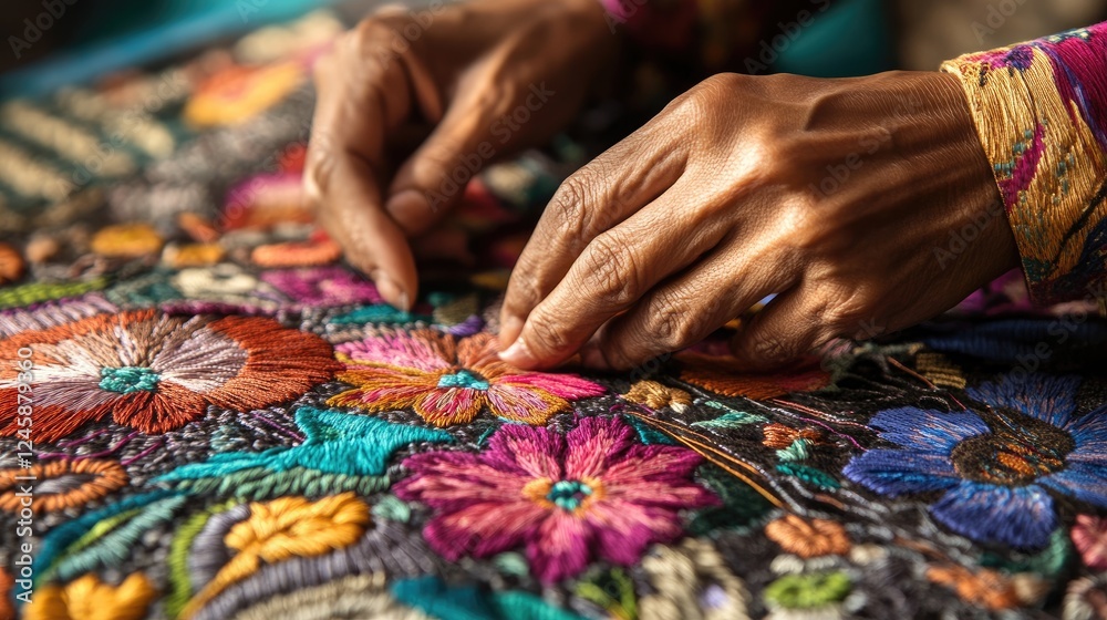 Poster A skilled artisan hands working meticulously on delicate hand-embroidery, with vibrant threads creating intricate patterns on a textured fabric.