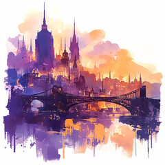 Fototapeta premium A city skyline with a sunset in the background. The city is lit up at night, creating a warm and inviting atmosphere. The watercolor effect adds a sense of depth and texture to the image