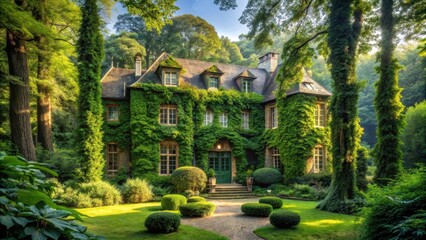 Fototapeta premium A serene mansion surrounded by a verdant forest with towering trees and vines crawling up the walls