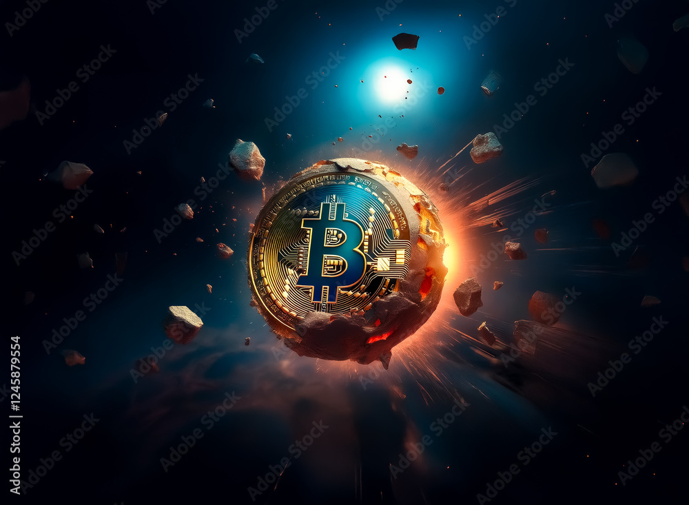 Poster A digital art piece portrays a globe with a prominent bitcoin symbol fracturing and bursting apart in a dynamic explosion effect against a dark backdrop.