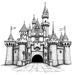 Obraz premium Enchanting Fairytale Castle Black and White Ink Drawing.