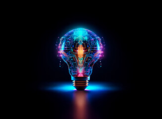 A vibrant light bulb glowing with colorful circuit patterns and lights, illuminated against a dark background. The bulb radiates a sense of innovation and bright ideas.