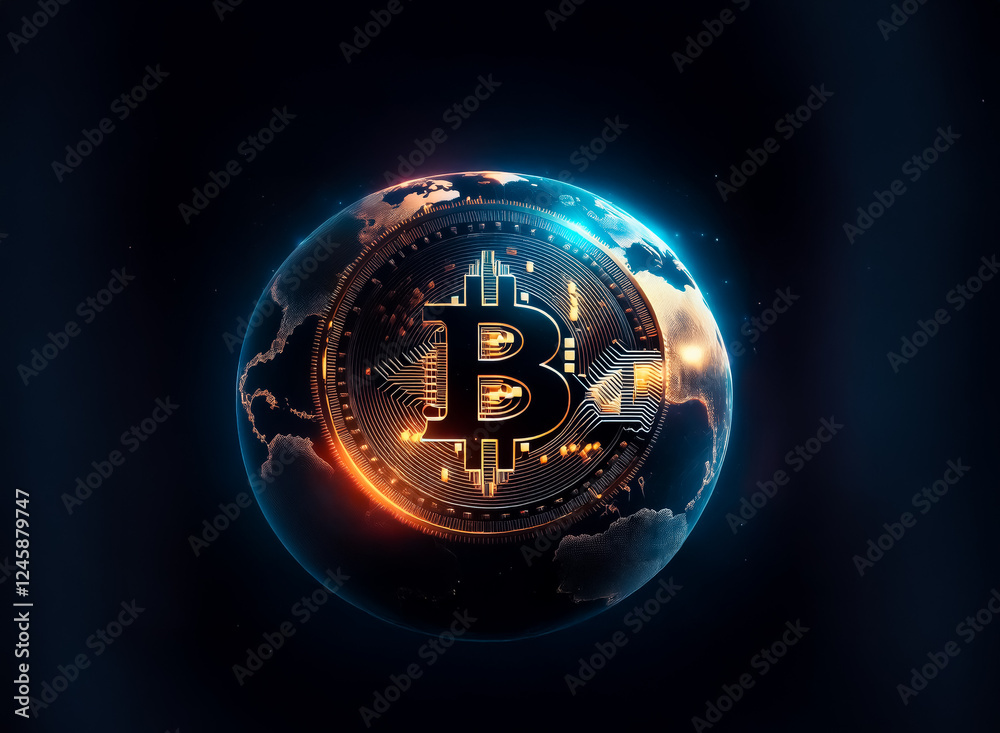 Poster Bitcoin symbol over digital globe in space, glowing network lines connect continents, representing global cryptocurrency and financial technology.