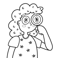Cute girl is looking through a magnifying glass. Funny kid demonstrating sight human sense in outline. Great for coloring. Vector illustration