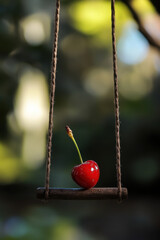 A cherry perched on a swing made of licorice, swaying in the breeze