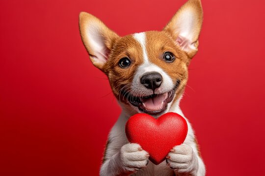 Basenji - my treasured dog. Ad campaign idea. Cute basenji dog with animal toy red heart - sign of love, funny greeting card. Valentine's day concepts. Cute dog valentine's gifts. Pet love.