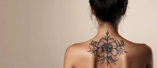 Ancient Chinese tattoo art on woman's back featuring intricate floral design with space for personalized text or message