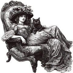 Elegant Victorian Lady with Black Cat in Ornate Chair - Monochrome Illustration.