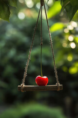 A cherry perched on a swing made of licorice, swaying in the breeze