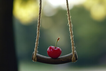 A cherry perched on a swing made of licorice, swaying in the breeze
